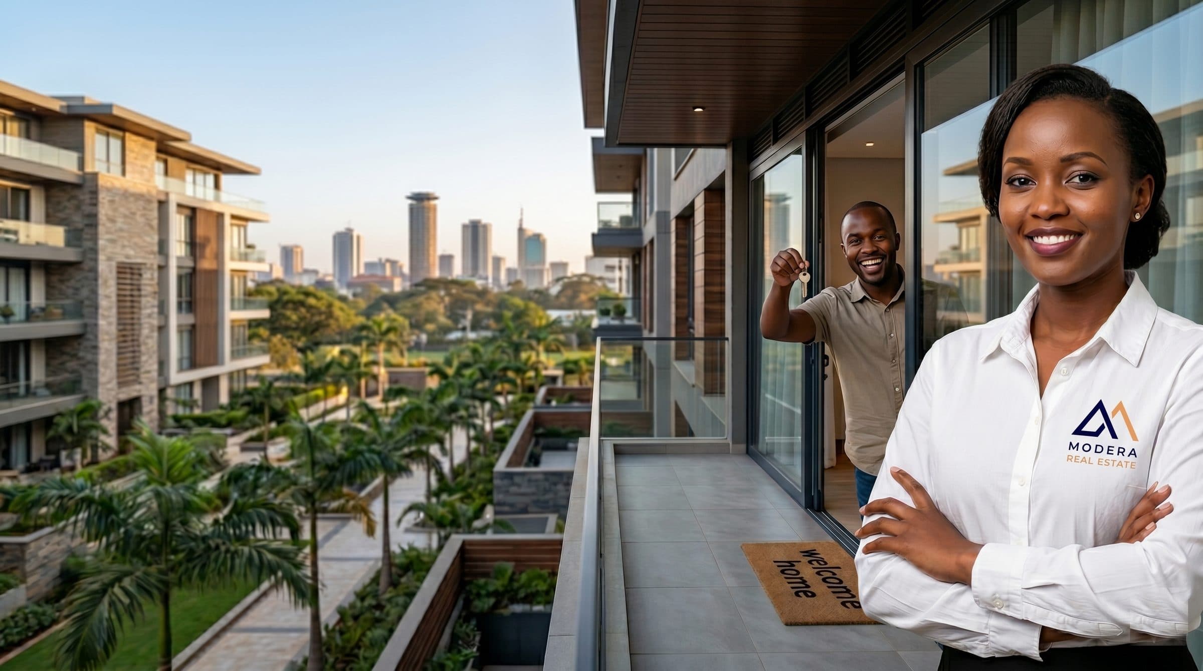 A Modera Real Estate agent with a happy client holding keys on the balcony of a modern Nairobi apartment, with the city skyline behind